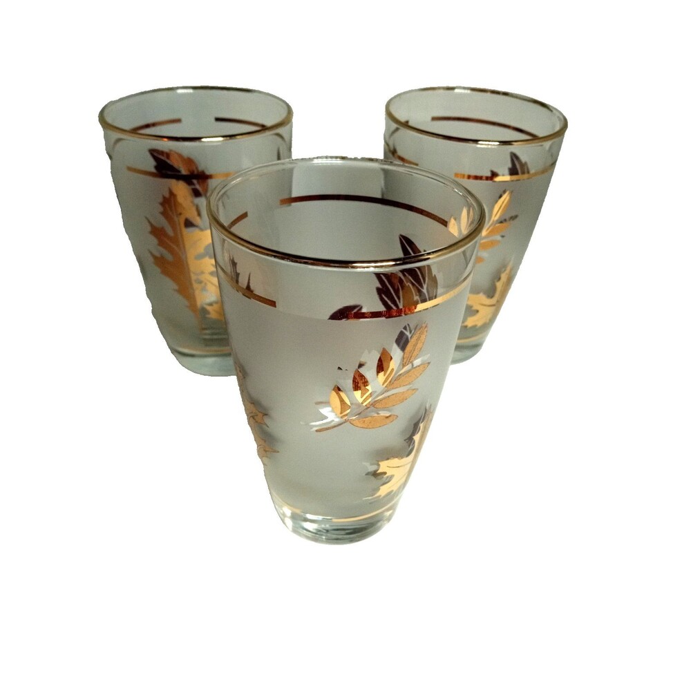 Vintage Libbey Golden Foliage Frosted Gold Leaf Tumblers Set of 3 MCM 1960s